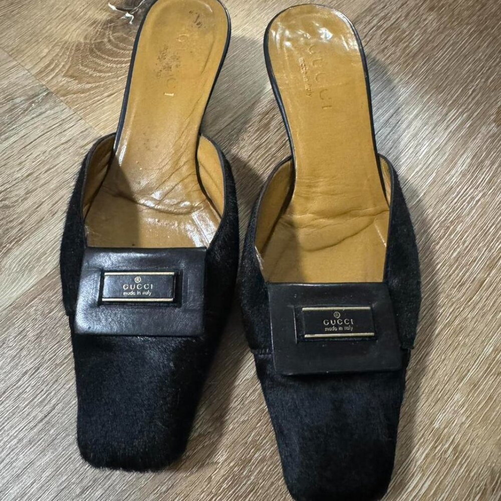 Vintage‎ Gucci Pony Hair Black Buckle Kitten Botton toe square mule Size 35.5